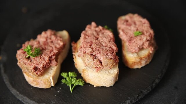 Pate meat sandwich terrine Spam or ham tasty snack or appetizer fresh delicious gourmet food background on the table rustic food top view copy space
