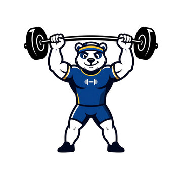 Strong polar bear mascot lifting heavy barbell weights in a blue athletic sports uniform