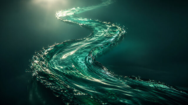 Abstract flowing stream of emerald green light particles forming a dynamic wave against a dark background