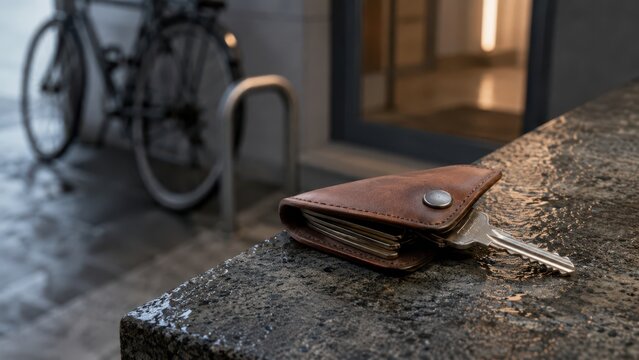 Leather key holder wallet with metal house keys lying forgotten on a wet stone parapet outdoors. Concept of lost item, brown leather, key organizer. Copy space.