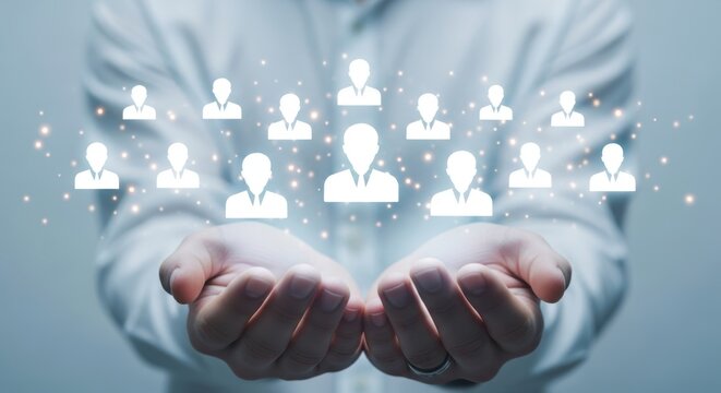 manager hands holding glowing human resource avatar icons, representing talent management, employee retention, workforce planning, customer care and corporate team support concept