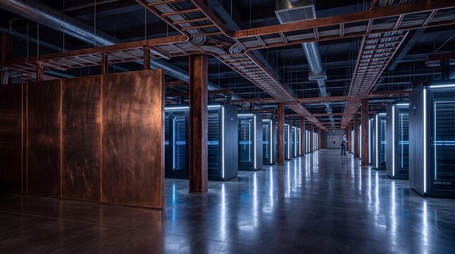 Modern Data Center Server Room with Racks and Cables