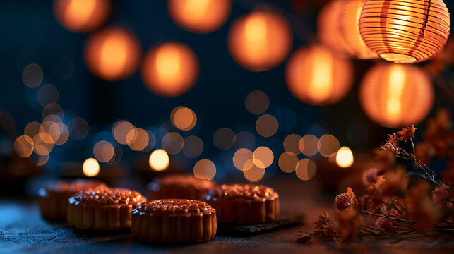 Mooncakes with Glowing Lanterns for Mid Autumn Festival