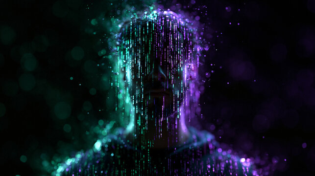 AI Human Silhouette with Digital Matrix and Neon Data Particles