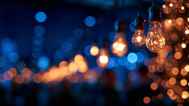 Hanging Fairy Light Bulbs with Beautiful Bokeh Background