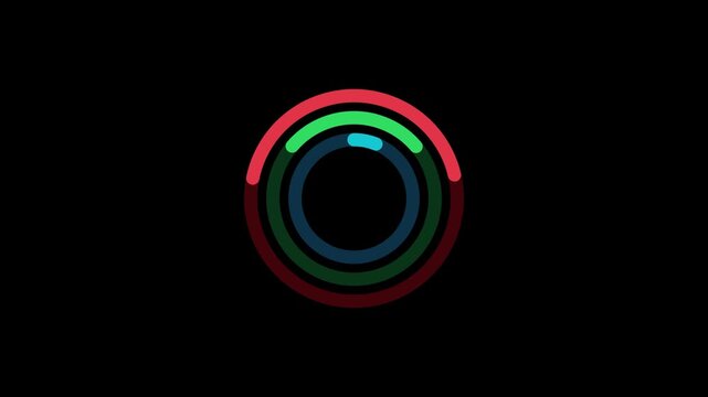 Abstract loading circle animation with rotating colorful rings on 4k black background