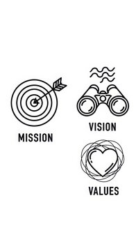 Business vision mission and values conceptual icons represented by target binoculars and heart