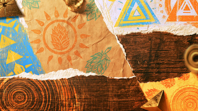 Rustic Collage Background with Hops and Geometric Patterns