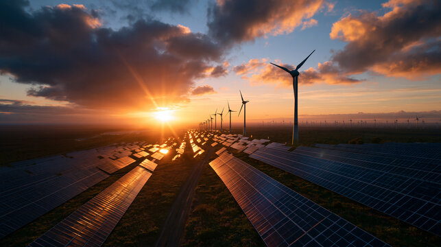Solar Panels and Wind Turbines at Sunset
