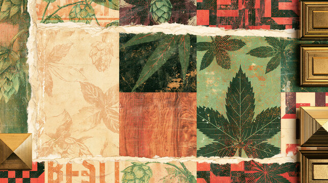 Vintage Botanical Collage Background with Grunge Textures and Leaves