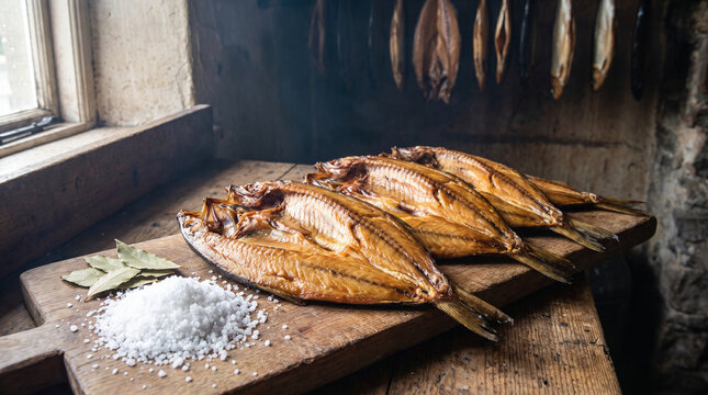 Traditional smoked kippers on wooden board with coarse sea salt and bay leaves. Concept of smoked fish, smoked herring, seafood, rustic, smokehouse, traditional food.