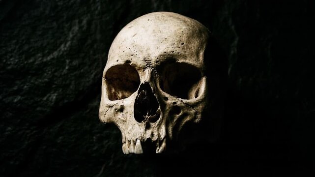 Human skull resting against dark textured stone wall in dim lighting. Spooky gothic atmosphere and eerie death symbolism. Halloween 2026 macabre horror and seasonal decor concept.
