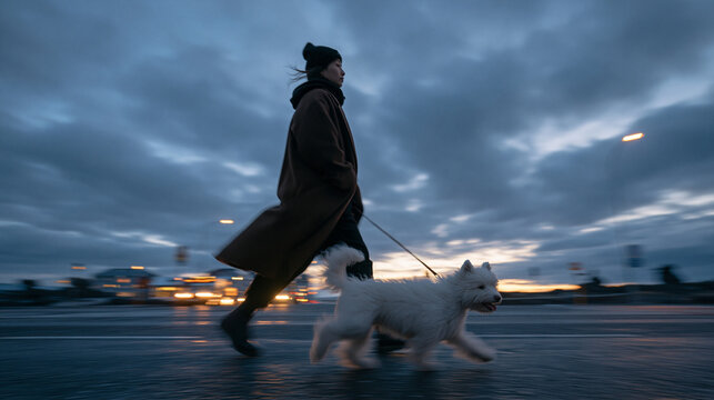 Woman Walking Small White Dog on City Street at Dusk