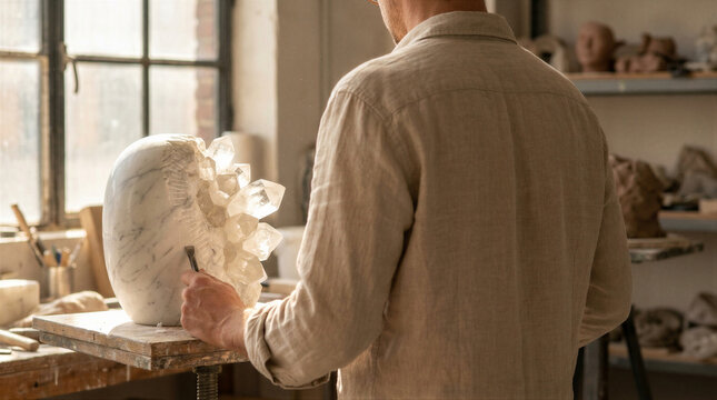 Man sculptor carving marble statue with crystal formations in art studio. Artist working with chisel on stone sculpture at wooden workbench. Craftsmanship and creativity concept