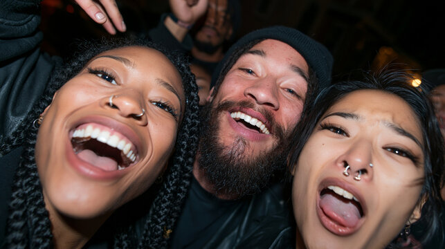 Diverse Group of Excited Young Friends Taking Nighttime Selfie