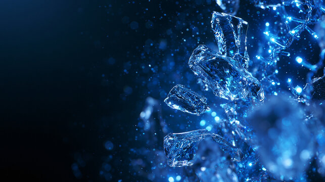 Crushed Ice Cubes Exploding with Water Splashes and Blue Particles