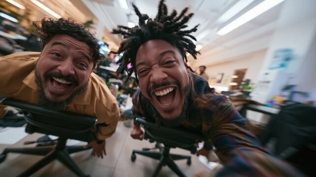 Happy Coworkers Having Fun Racing Chairs in Modern Office