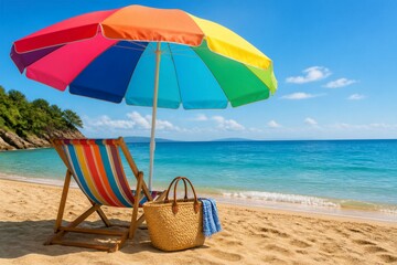 Obraz premium Rainbow umbrella shades beach chair. Ocean waves lap gently beside sand. Bright sky floats above turquoise waters. Towels and basket rest near chair. Scene evokes calm, sun-drenched relaxation