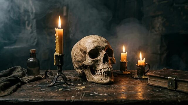 Human skull and burning candles on dark wooden table in smoky room. Spooky atmosphere with ancient book and potion bottle for seasonal decor. Halloween 2026 spooky holiday horror celebration theme.