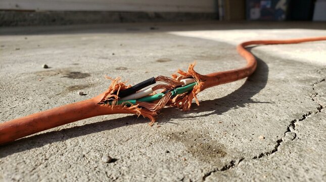 Severed Electrical Cable With Exposed Conductors Requiring Professional Repair - Electrical Safety Concept