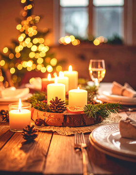 velas y decoraciones navide&ntilde;as en una mesa de navidad