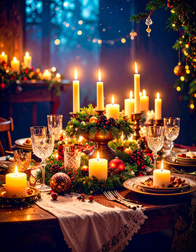 mesa de navidad adornada y decorada con copas de cristal y velas