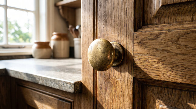 Vintage brass door knob on traditional wooden cabinet door in rustic home interior. Concept of cabinet handle, door handle.
