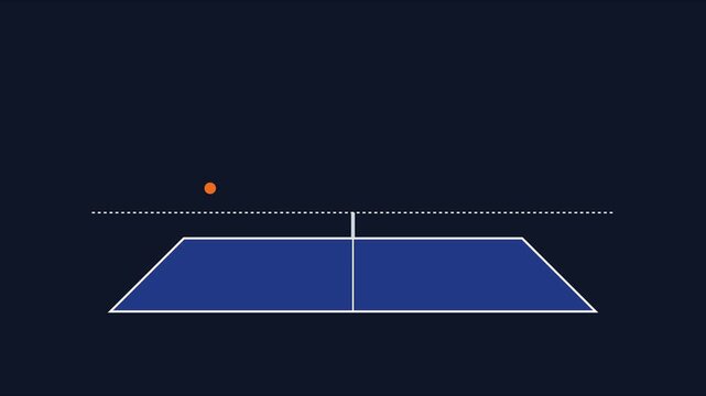 Minimalist table tennis ball bounce animation on blue court, ping pong sport motion 4k