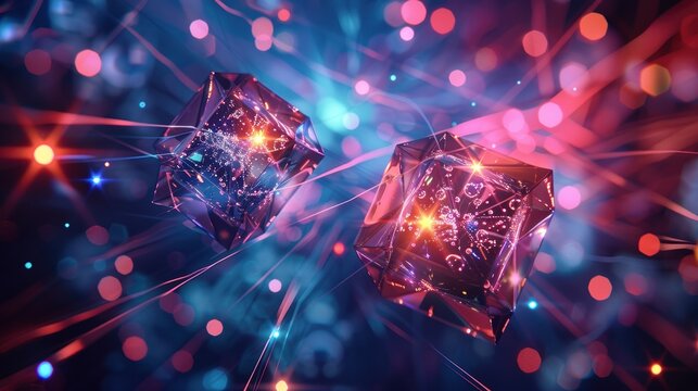 Quantum entanglement data teleportation concept with glowing synced nodes
