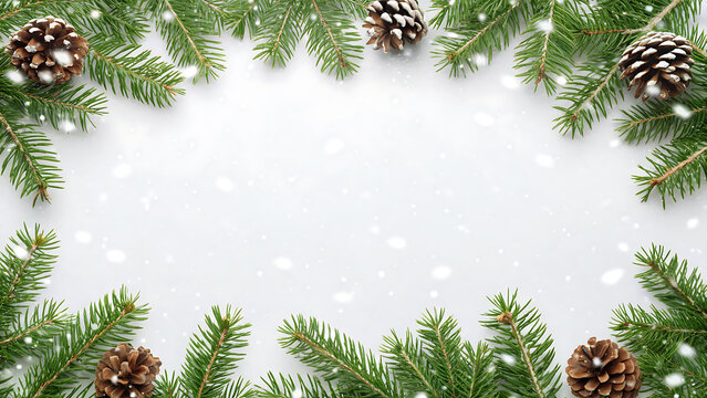 Christmas pine branch frame with pinecones and falling snow on white background