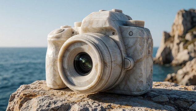 Vintage camera resting rocky cliff overlooking ocean made white marble has large lens attached body covered cr