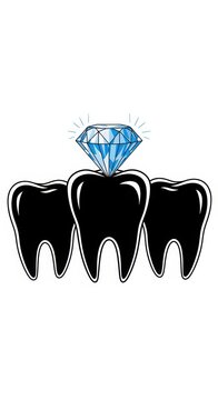 Three black teeth with a sparkling blue diamond on the central tooth dentistry gemstone ornament