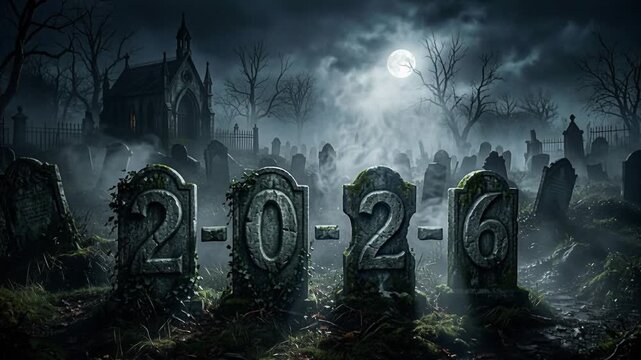 Graveyard tombstones forming number 2026 under full moon with creepy church. Spooky foggy night creating eerie atmosphere for celebration. Halloween 2026 and horror holiday celebration concept.