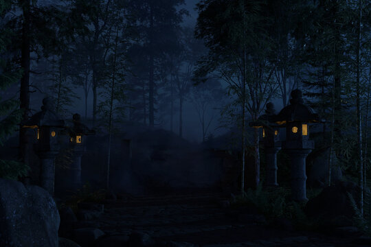 3d rendering of an old japanese shrine at forest with illuminated stone lantern at foggy night