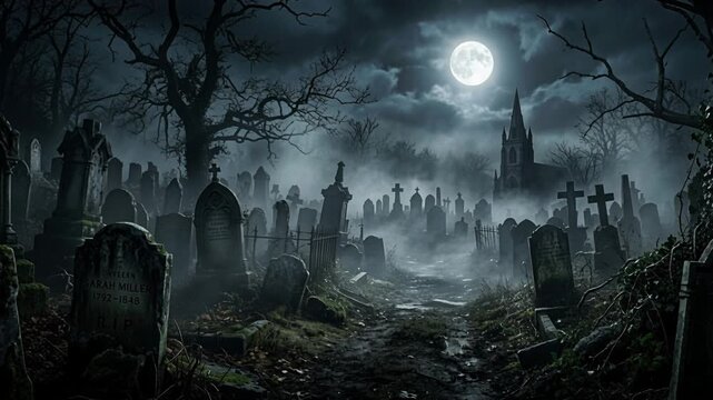 Spooky graveyard with tombstones and fog under full moon at night. Eerie cemetery landscape creating chilling atmosphere. Halloween 2026 holiday celebration and horror concept.