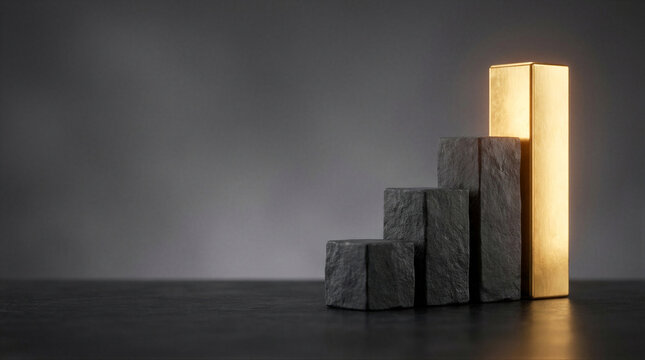 Ascending bar chart made of stone blocks and glowing gold bar on dark table. Business growth and rising value concept. Gold investment and wealth increase metaphor for banking