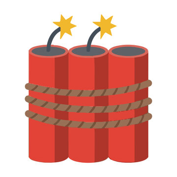 Minimalist red dynamite bundle bound by a rope with a burning fuse and spark isolated on a white background, danger and urgency concept