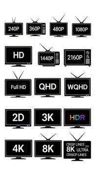 Collection of digital display resolution and screen quality labels with resolution, technology