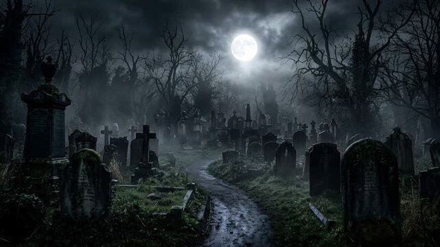 Spooky graveyard with tombstones along winding path under glowing full moon. Dense ground fog rolling through eerie cemetery at midnight. Halloween 2026 holiday celebration and dark horror concept.