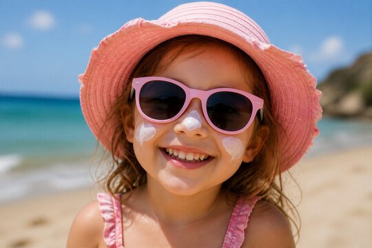 Bright sunshades gleam above a smiling child. Pink hat shields her from beachside rays. Sunscreen dots her cheeks, a carefree sign. Ocean waves whisper behind her sandy feet