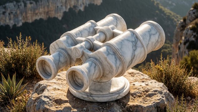 Pair old-fashioned binoculars resting large rock telescope made white marble has cylindrical shape pointed end