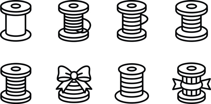 Thread spool vector icon set collection featuring sewing bobbins craft cords festive holiday ribbons and tailoring outline designs