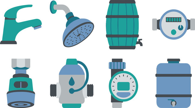 Flat vector illustration of water utility equipment featuring blue and green faucet shower head barrel and flow meters for plumbing concepts.