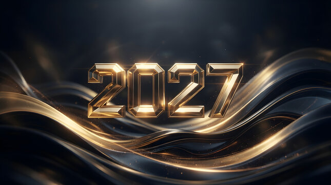 Shiny metallic gold numbers twenty twentyseven on flowing dark background. Suitable for luxury, elegant design projects, invitations, and event promotions.