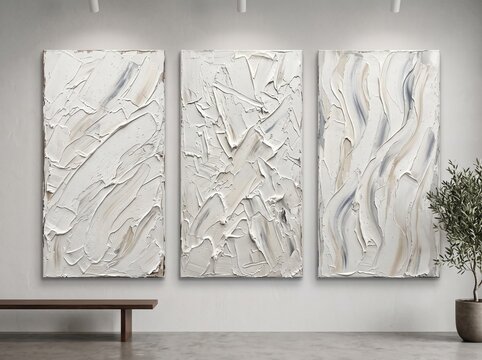 Modern abstract oil painting triptych with white textured impasto art on gallery wall