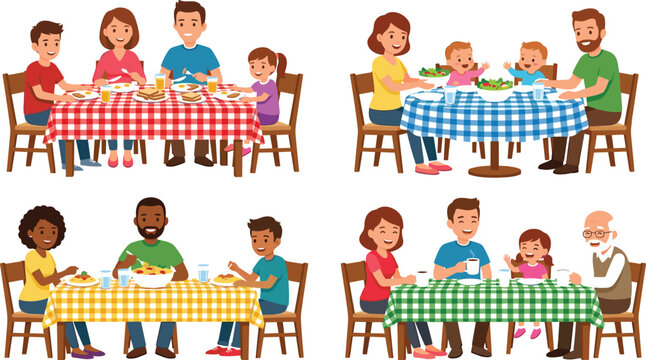 Happy Multicultural Families Eating Dinner Together at Dining Tables with Plaid Tablecloths Featuring Parents Kids Grandfather and Toddlers Vector Character Set