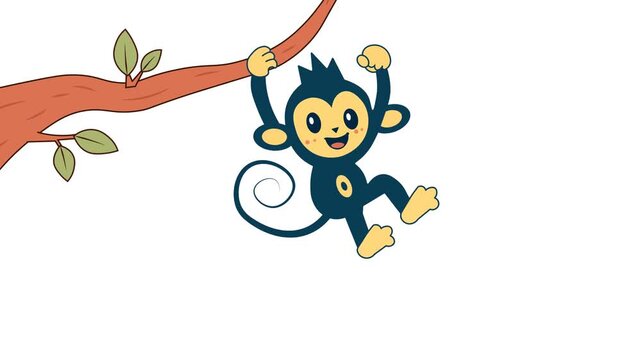 Cheerful Cartoon Monkey Swings From A Tree Branch With A Playful Smile. Flat Animation Animation On  White Background.