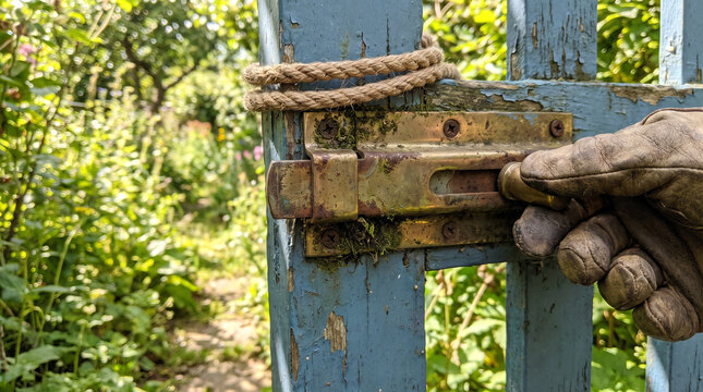 Gloved hand opening old brass slide bolt latch on rustic wooden garden gate. Concept of hand in glove, vintage door latch, lock mechanism, security. Copy space.