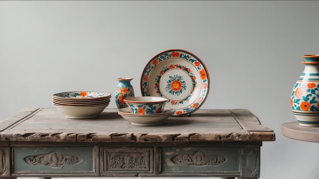 Ceramic dishes arranged on a wooden table in a simple setting