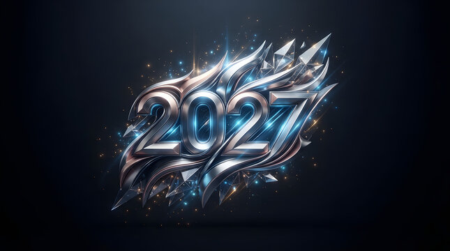 Shiny metallic silver font numerals two zero two seven bright light sparks. Suitable for new years eve party invitations or futuristic design projects.